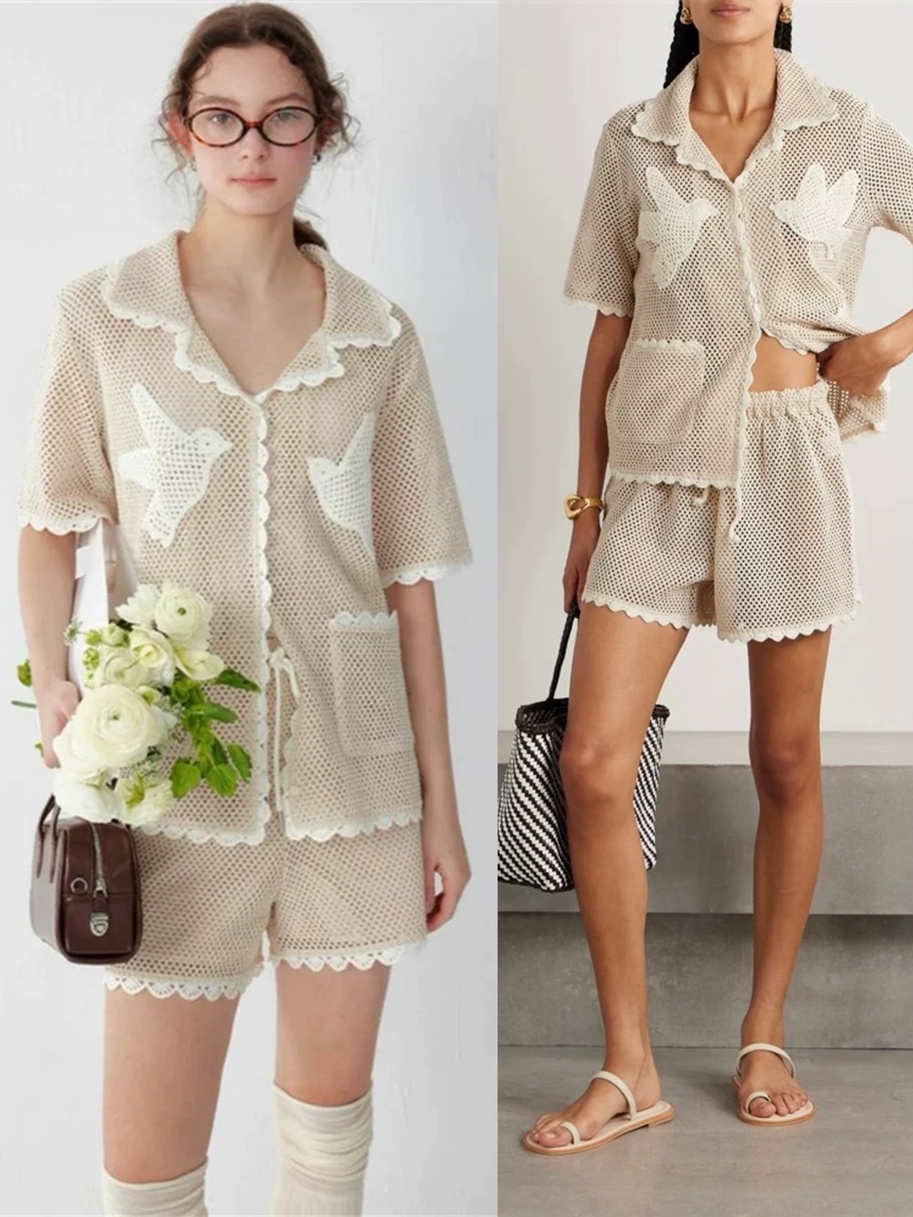 Sea New York sally Cream Crochet Button-Up Top and Shorts Set, S M L